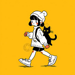 戴着毛线帽背着小黑猫走路的卡通女孩图片