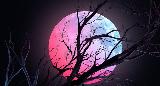 万圣节粉色渐变月亮与卡通枯树枝图片