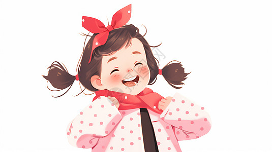 戴红色围巾开心笑的可爱卡通女孩高清图片