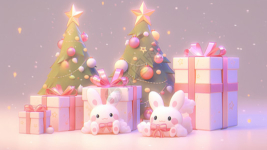 两个可爱的卡通圣诞树与小白兔玩具礼物们高清图片