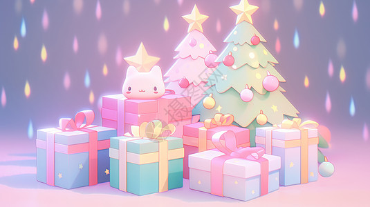圣诞节可爱的卡通圣诞树与礼物们背景图片