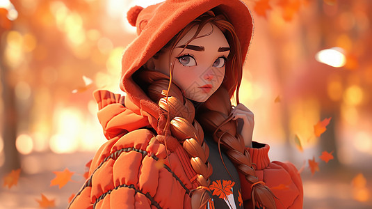 穿橙色厚羽绒服在枫叶林中卡通女孩图片