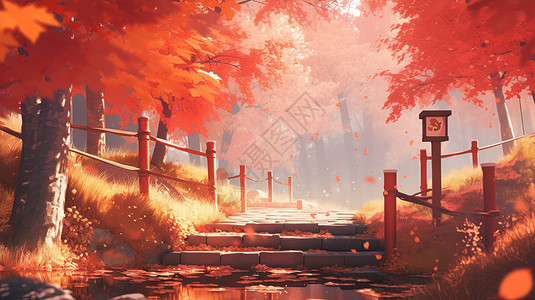 秋天枫叶林中唯美的卡通风景背景图片