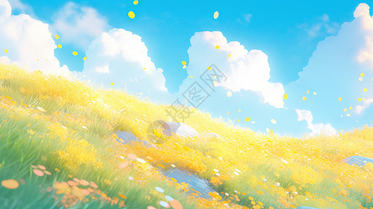 蓝天白云下金黄色的小山坡梦幻卡通秋天风景高清图片