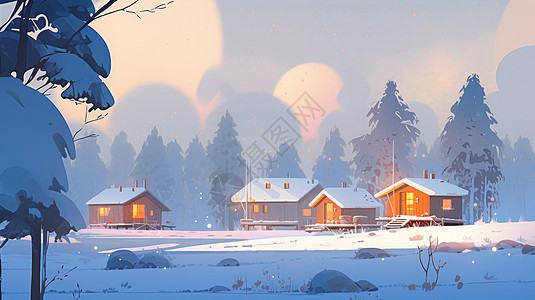 雪后风景冬天雪后在森林中几座卡通小木屋插画