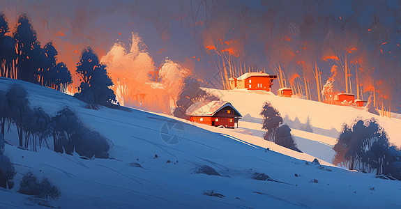 冬天雪后在山坡上的卡通小木屋图片