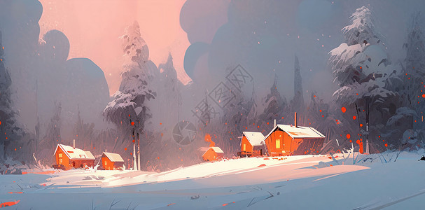 几座温馨的卡通小木屋在大山的森林中图片