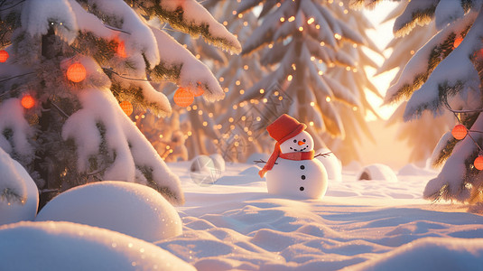 红色森林冬天雪后在森林深处戴红色帽子的卡通雪人插画