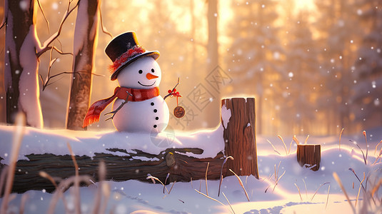 冬天在木头上戴礼帽的可爱卡通小雪人图片