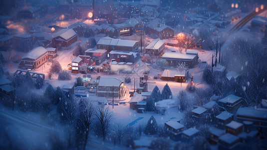 冬天夜晚大雪中温馨的卡通小村庄图片