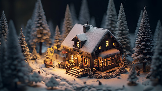 冬天夜晚雪后亮着灯温馨的卡通小木屋图片
