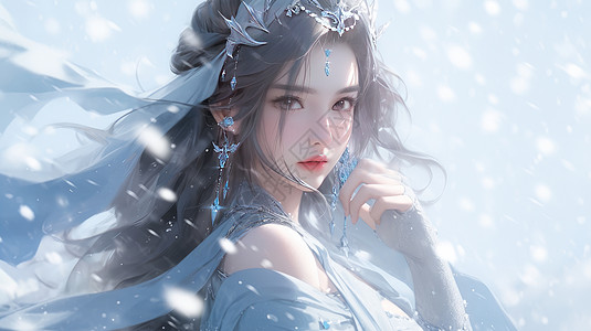 复古女王古风装扮漂亮的卡通女人在风雪中插画