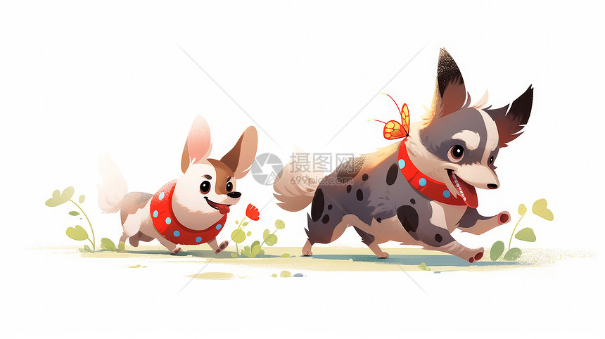在草坪上开心奔跑的两个可爱卡通小狗图片