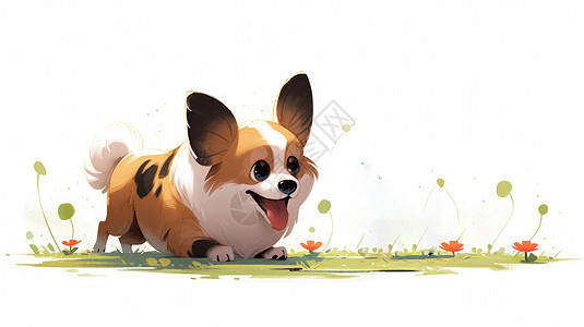 在草地上玩耍的可爱卡通柯基犬图片