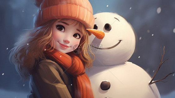 戴着毛线帽与小雪人合影的可爱卡通小女孩图片
