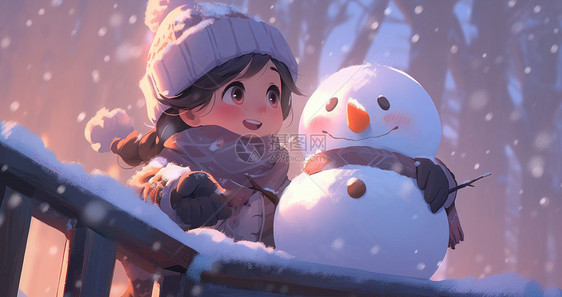大雪中穿着很厚在堆雪人的可爱卡通小女孩图片