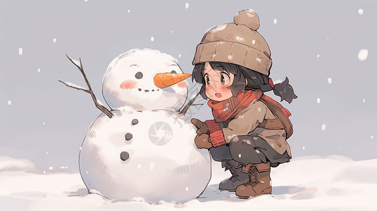 冬天蹲在大雪中堆雪人的可爱卡通小女孩图片