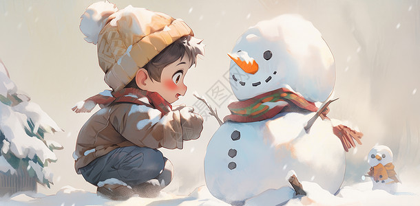 大雪中蹲在地上堆雪人的可爱卡通小男孩图片