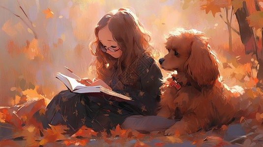 落叶满地坐满地落叶的树林中与小狗一起看书的可爱卡通小女孩插画
