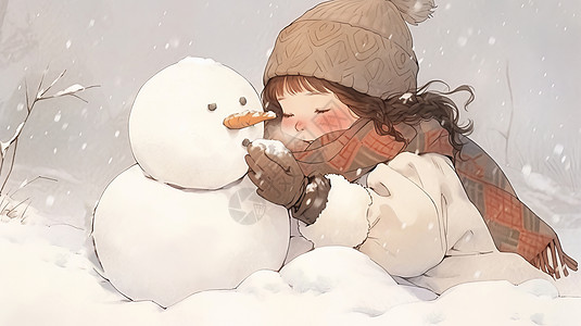 立冬饺子大雪中闭眼抱着雪人的可爱卡通小女孩插画