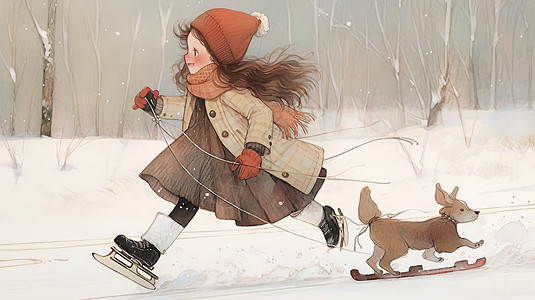 雪中人物冬天在雪地中一起滑冰玩耍的可爱卡通女孩与宠物狗插画