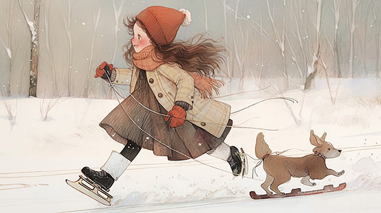 冬天在雪地中一起滑冰玩耍的可爱卡通女孩与宠物狗图片
