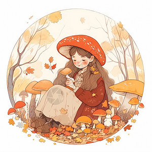 秋天坐在森林中戴着蘑菇帽子的可爱卡通小女孩图片