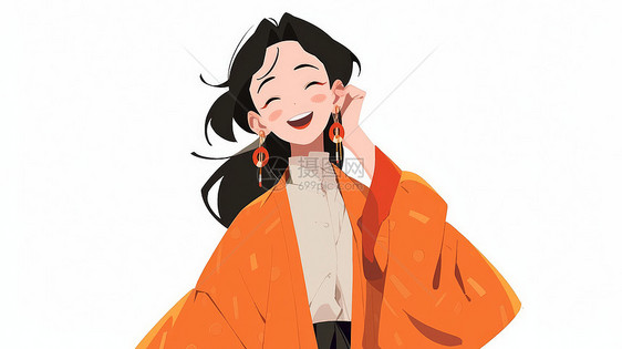 秋天穿橙色外套开心笑的卡通女孩图片