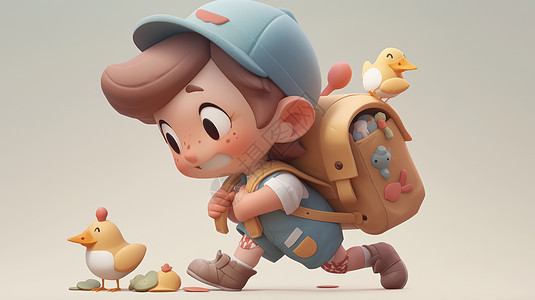 背着书包努力奔跑的立体可爱卡通小男孩图片