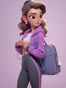 穿着紫色运动风外套背包回头看的卡通女孩图片
