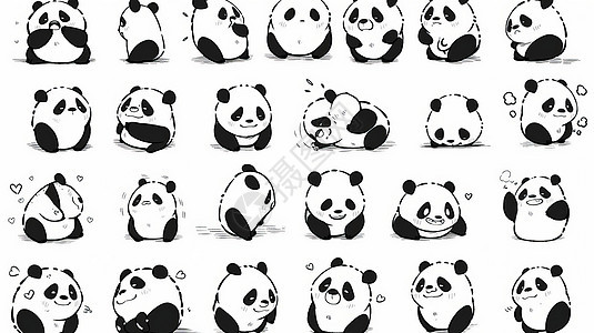多种动作可爱的卡通小熊猫背景图片