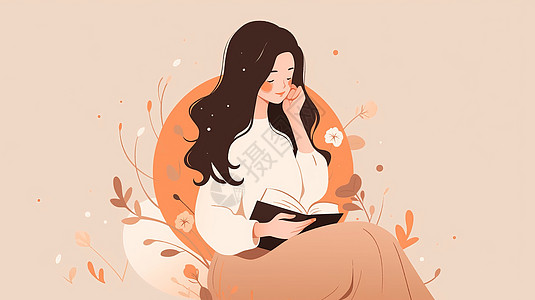 秋天坐着优雅看书的长发卡通女人图片