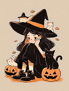 穿黑色长裙坐在地上的可爱卡通女巫与很多只小猫图片
