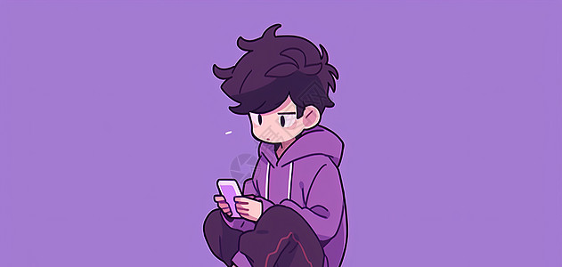 穿紫色卫衣蹲着看手机的可爱卡通小男孩高清图片