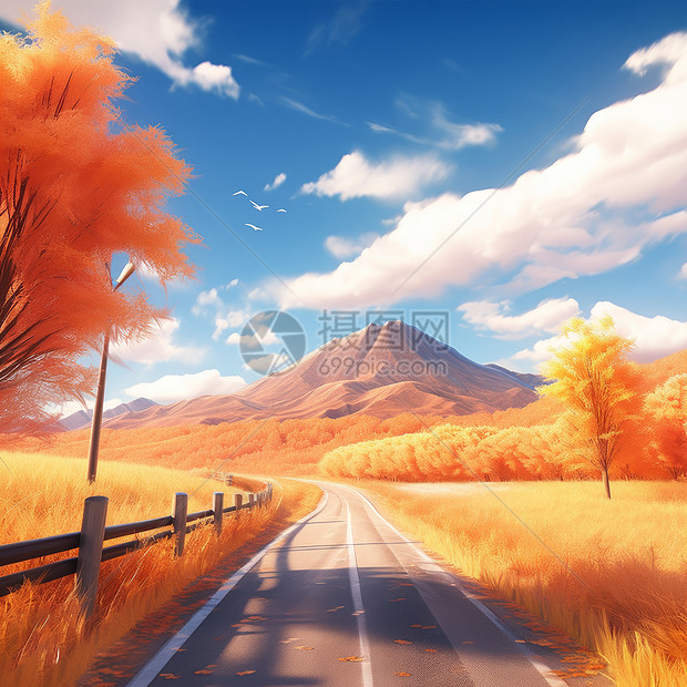 秋天金黄色的卡通草地与远处的高山图片