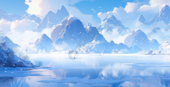 冬天雪后唯美的卡通大山与湖泊图片