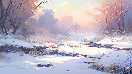 冬天雪后树林间被雪覆盖的卡通小溪背景图片