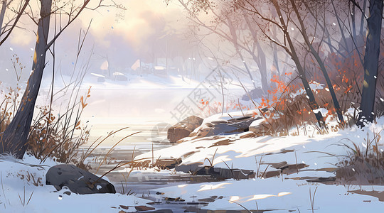 冬天雪后湖边唯美的卡通风景图片