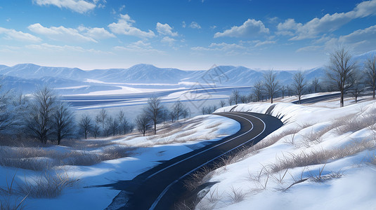 雪公路冬天雪后唯美的卡通山水风景与一条弯弯的公路插画
