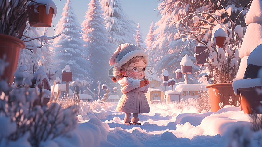 冬天穿很厚的衣服站在雪后森林中的卡通女孩图片