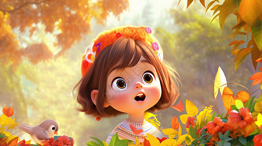 秋天在森林中惊讶表情可爱的卡通小女孩图片