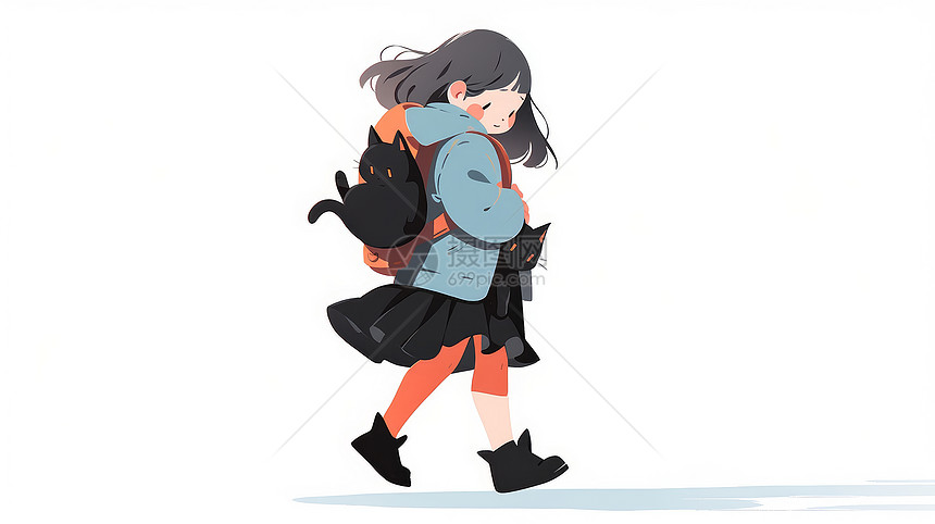 背着小黑猫走路的穿蓝色外套卡通小女孩图片