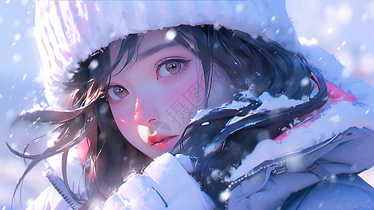 冬天在雪中穿戴很厚的卡通女孩高清图片