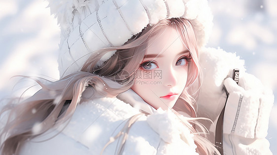 冬天穿很厚的白色羽绒服在雪中的卡通女孩图片