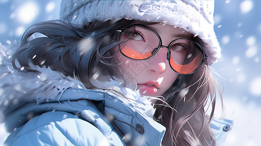 戴着眼镜的时尚卡通女孩在冬天大雪中图片