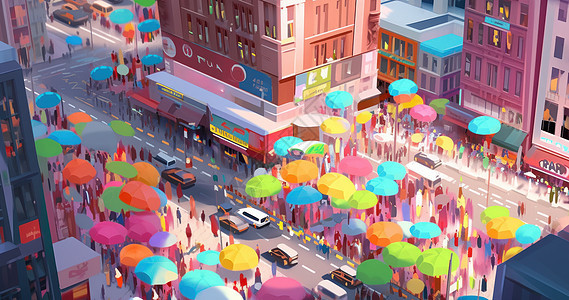 有很多五颜六色太阳伞的繁华卡通街道，图片
