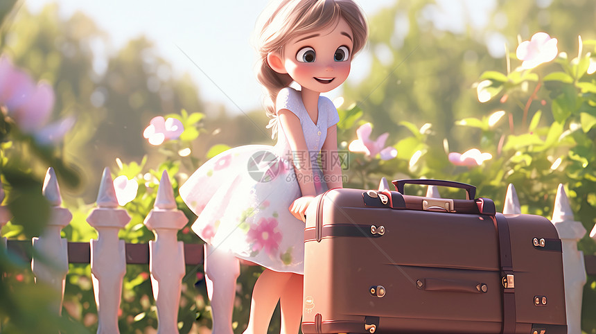 拿着超大旅行箱的可爱卡通小女孩图片