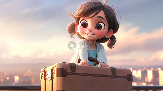 拿着大行李箱微笑的卡通小女孩图片