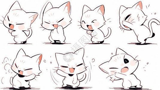 各种可爱动作的卡通小白猫图片