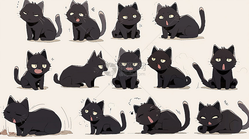各种动作与表情的卡通小黑猫图片